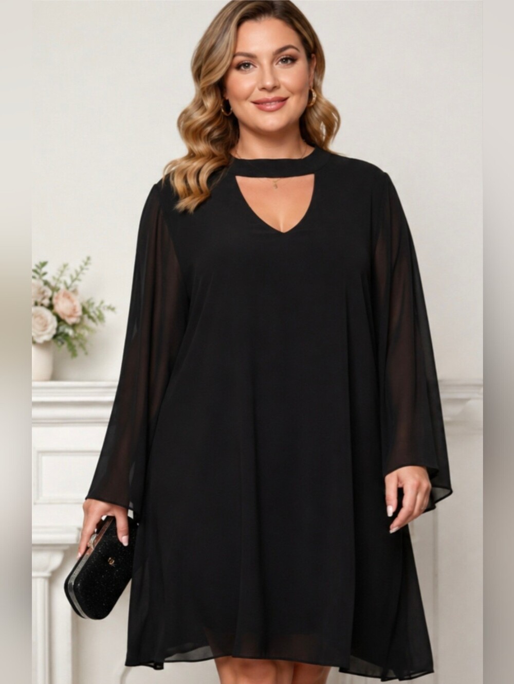 Tacera Elegant Black Long Sleeve Dress, Woman 2X